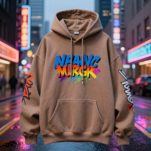 Photograph of a brown hooded sweatshirt with vibrant 