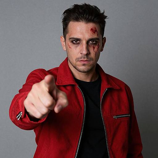 Photograph of a rugged, dark-haired man with blood on his face, wearing a red jacket, pointing aggressively forward against a gray background. Intense