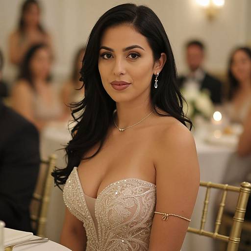 Photograph of a beautiful woman with long black hair, wearing an ornate, strapless wedding gown, at an elegant indoor event. Blurred guests