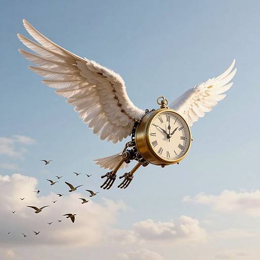 Surreal Winged Clock in Flight