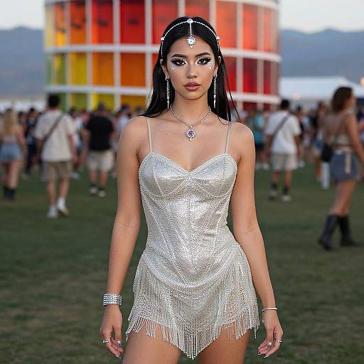 Woman in Glittery Silver Dress at Festival