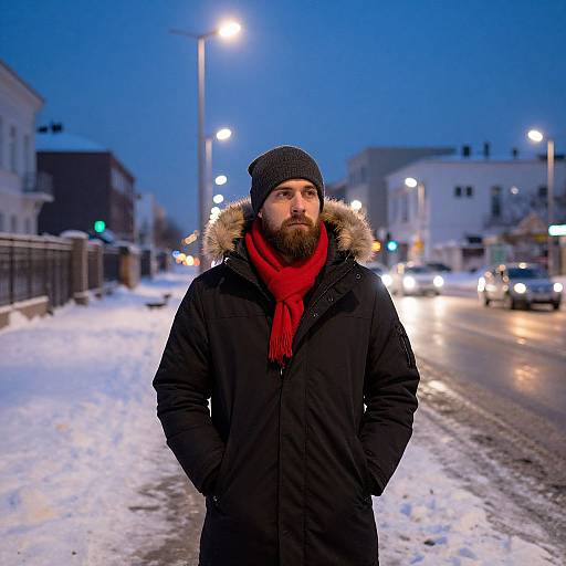 Photograph of a bearded man with a red scarf and black coat standing on a snowy urban street at dusk.