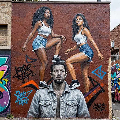 Photograph of a graffiti mural featuring two muscular women with dark skin and curly hair in white tops and denim shorts, standing on a bearded man's