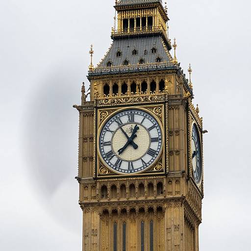 Photograph of the Elizabeth Tower clock with detailed gold trim, black Roman numerals, and white clock face, against a white sky background.