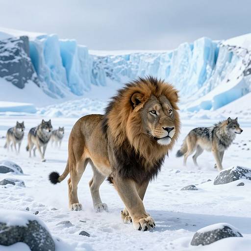 Photorealistic digital artwork of a majestic lion with a dark mane standing in snowy Arctic landscape, surrounded by wolf-like creatures.