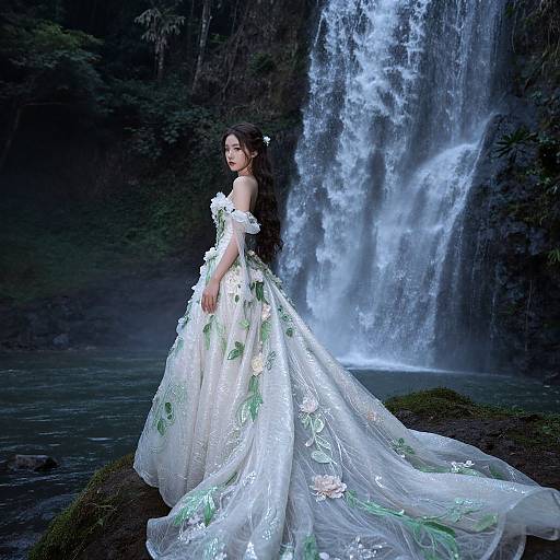 Photograph of a beautiful Asian woman in a white floral wedding gown with a long train, standing by a cascading waterfall in a forest.