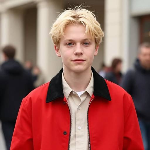 Photograph of a young, fair-skinned, blonde boy with a slight smile, wearing a bright red jacket with a black collar over a white shirt