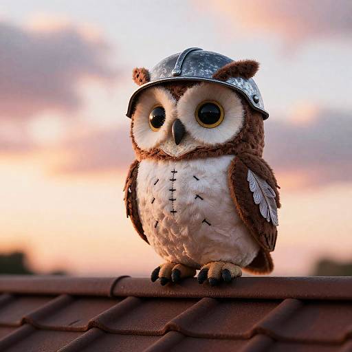 Whimsical Owl on a Colorful Sunset Roof