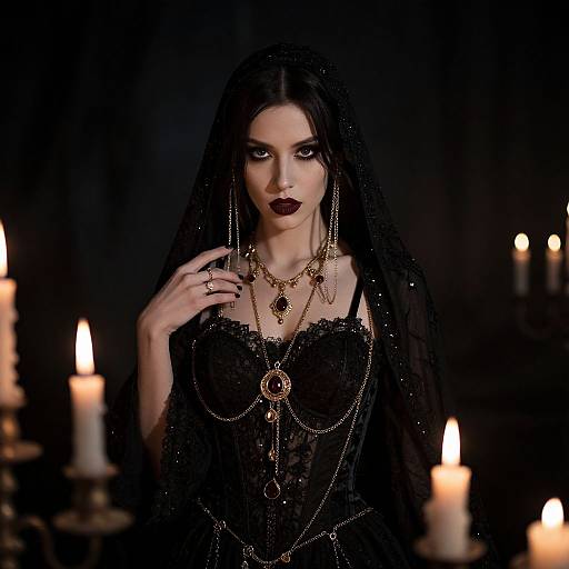 Gothic-style photograph of a pale woman with dark makeup, black lace dress, and veil, adorned with gold chains, surrounded by lit candles in