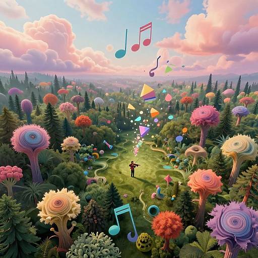 Vibrant CGI landscape with colorful, abstract trees, musical notes floating in the sky, and a small figure walking through a lush forest under a pink