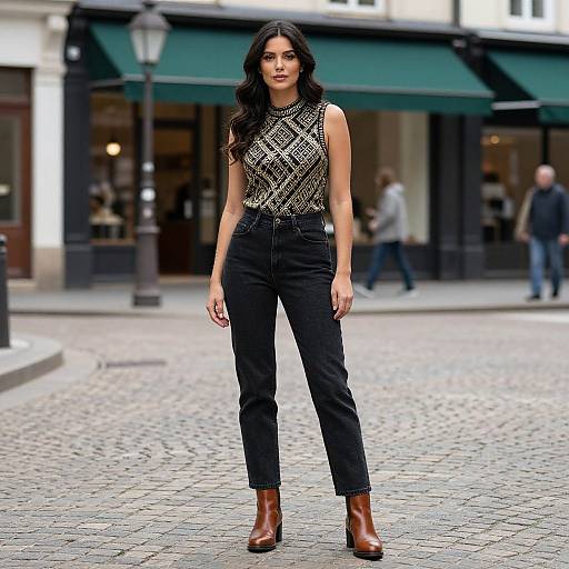 Photograph of a tall, dark-haired woman in a sleeveless, patterned top, black high-waisted pants, and brown boots, standing
