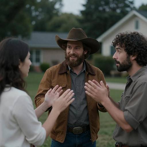 Three People Conversing Outdoors