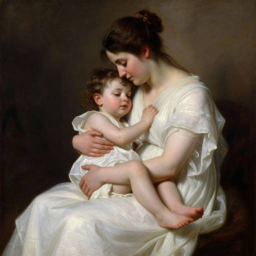 Digital painting of a serene mother with fair skin and dark hair, in a white dress, gently holding her curly-haired child, also in white, against