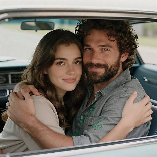 Couple Hugging Inside Classic Car