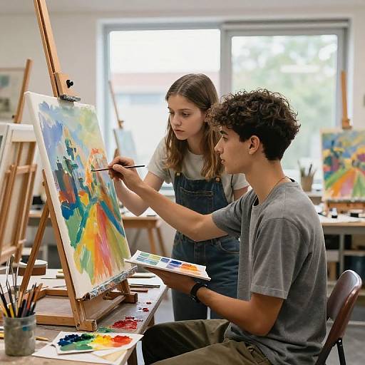 Photograph of a young man with curly hair painting with a brush, assisted by a girl in denim overalls, in a bright, sunlit art