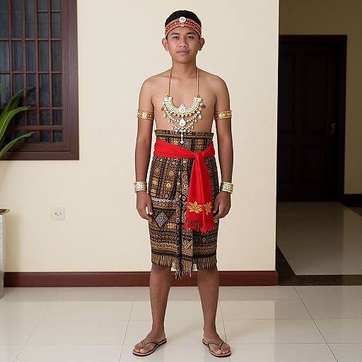 Photograph of a young, slim boy with dark skin, wearing traditional tribal attire: black and gold patterned loincloth, red sash,
