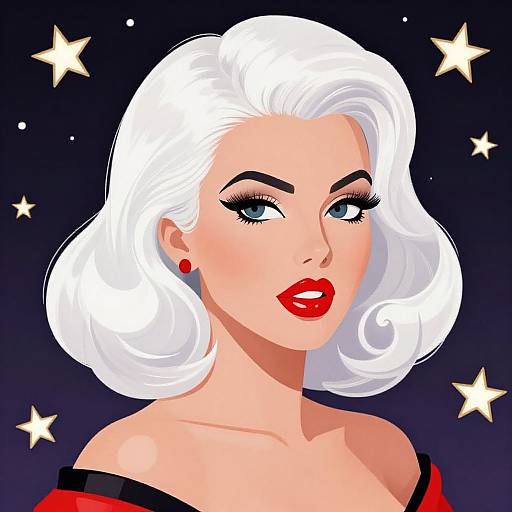Digital illustration of a glamorous woman with white, wavy hair, red lipstick, and red earrings, set against a dark starry background.
