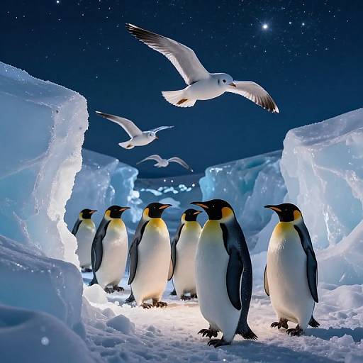 Photograph of six Emperor penguins with yellow-orange necks, standing on snowy ice under a starry night sky, with two flying seagulls