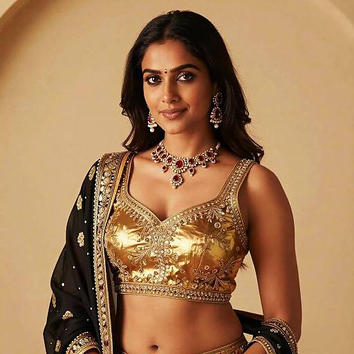 Photograph of an Indian woman with medium brown skin, dark hair, wearing a gold embroidered crop top, black saree with gold patterns, and intricate