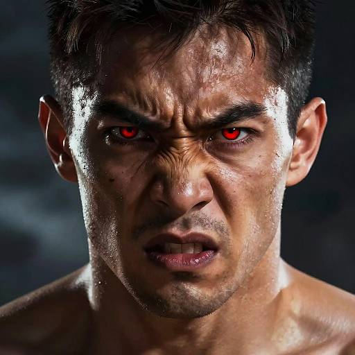 Close-up photograph of a sweaty, intense-looking man with dark hair, red glowing eyes, and a grimacing expression, against a dark background.