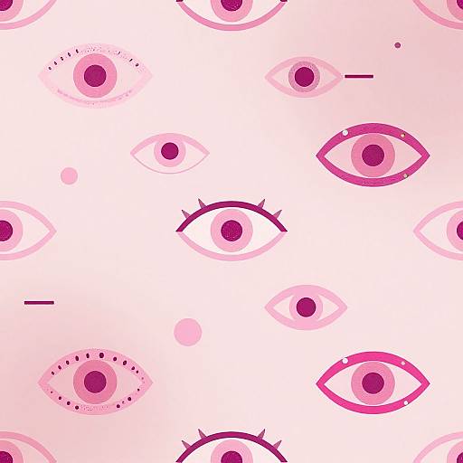 Digital drawing of pink and red stylized eyes with varying sizes and shapes, scattered across a white background. Minimalistic, abstract pattern.