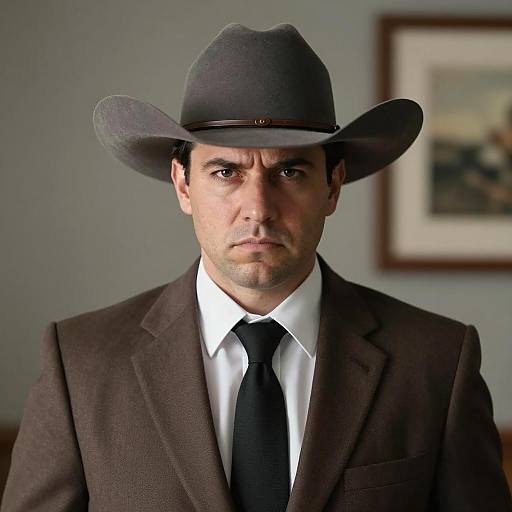 Stern Man in Brown Suit and Cowboy Hat