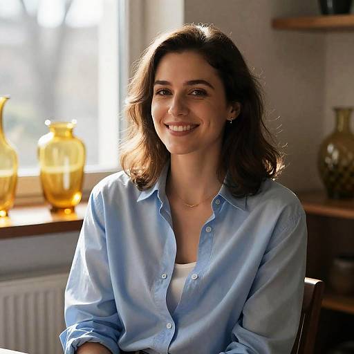 Joyful Woman in Sunlit Indoor Scene