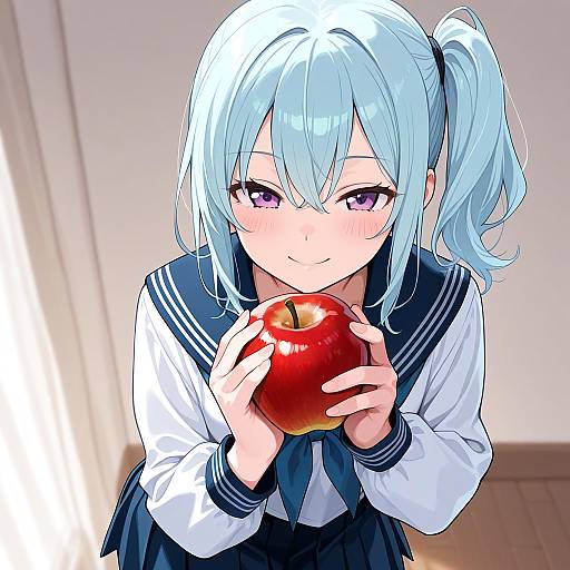 Seductive Girl with Blue Hair and Apple