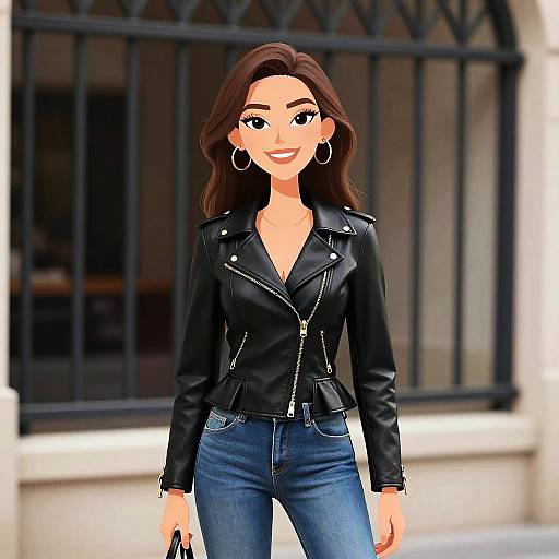 Digital illustration of a smiling woman with long brown hair, wearing a black leather jacket, blue jeans, and hoop earrings, standing in front of a black