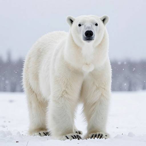 Photograph of a white polar bear standing in snowy landscape, looking directly at the camera with a slight shadow on its face.