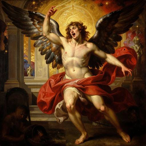 Baroque-style painting of a muscular, nude, winged angel with curly brown hair, raising arm, wearing a flowing red cloth, against a golden