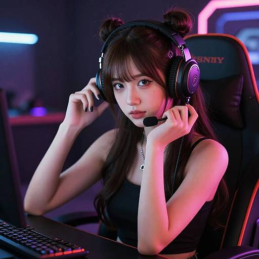 Photograph of an East Asian woman with black hair in buns, wearing a black tank top, and large gaming headphones, sitting in a dark,