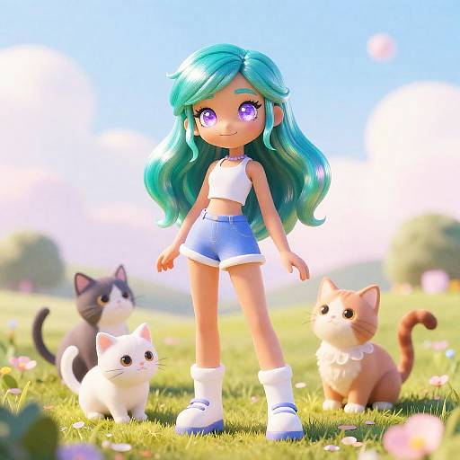 Whimsical Girl with Teal Hair and Kittens