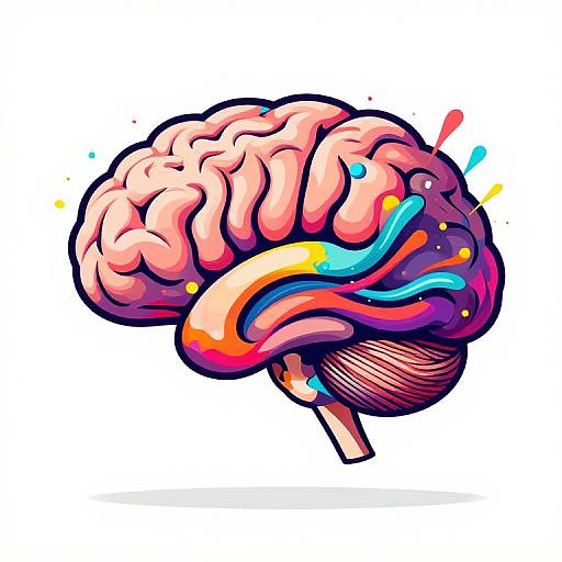 Vibrant, stylized digital illustration of a brain with colorful, swirling patterns in pink, blue, yellow, and red on a white background.