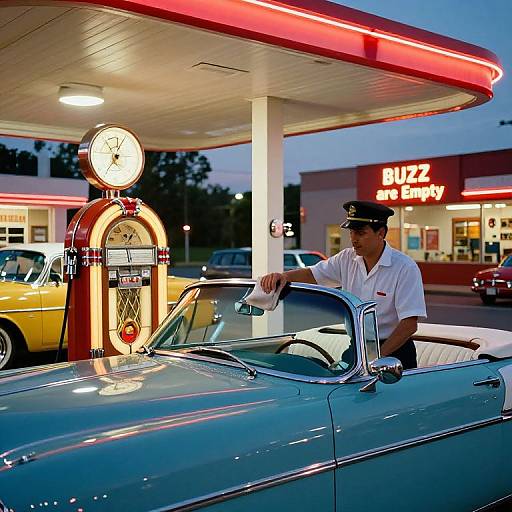 Nostalgic 1950s Gas Station Scene