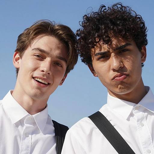 Two Men in White Shirts Against Blue Sky