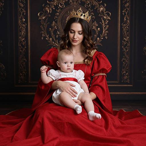 Photograph of a fair-skinned woman with wavy brown hair, wearing a gold crown and red gown, holding a baby in white clothes, against