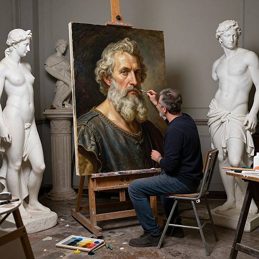 Photograph of an artist painting a realistic portrait of an older man with a white beard, surrounded by classical white marble statues in a studio.
