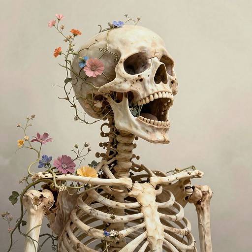 Digital artwork of a skeletal figure adorned with colorful flowers, including pink, blue, and orange, with vines wrapping around its head and neck.