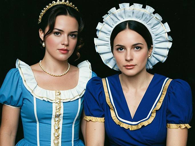 Photograph of two women in blue and white princess costumes; one with a gold tiara, pearl necklace, and white ruffled collar; the other