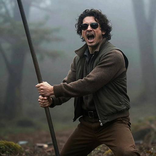 Dynamic Figure in Misty Forest Scene