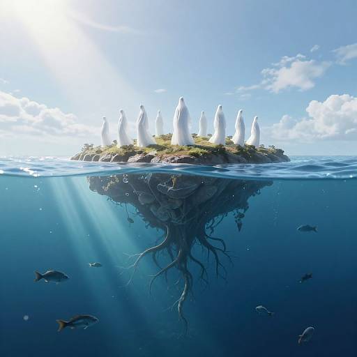 Digital art: Floating island with white birds above water, visible roots below, surrounded by fish, sunlight filtering through blue water, clear sky with fluffy clouds