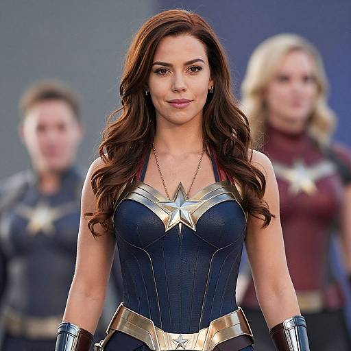 Photograph of a brunette woman in a Wonder Woman costume with a star emblem, standing in front of two blurred figures.