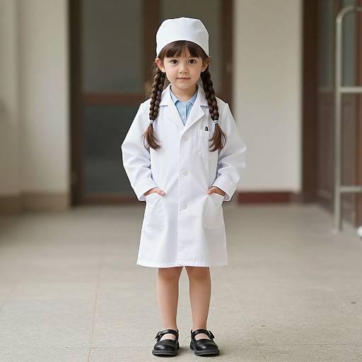 Photograph of a young Asian girl with black braids, wearing a white lab coat, matching hat, black shoes, standing confidently in a hallway.