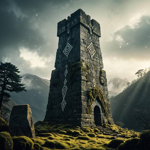 Ancient Rune Tower in Mystical Mountain Landscape