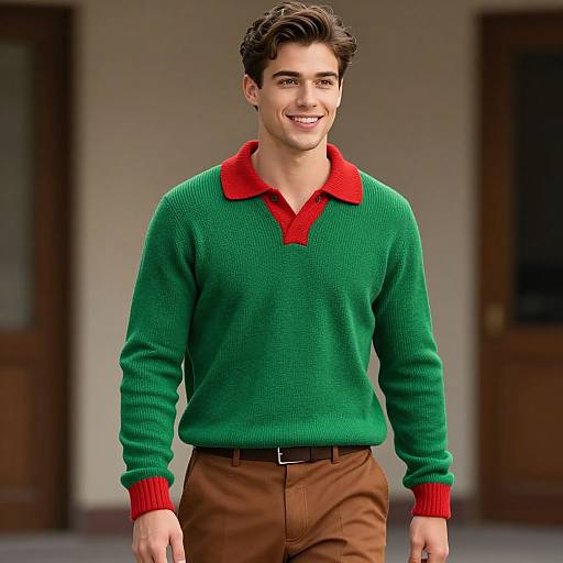 Photograph of a smiling young man with dark hair, wearing a green knitted sweater with red collar and cuffs, brown pants, standing outside with blurred