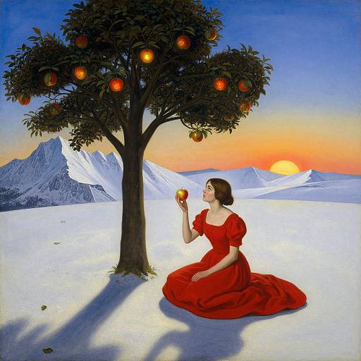 Surreal painting of a woman in a red dress, kneeling in snowy mountains, holding an apple from an orange-blossomed tree, sunset sky
