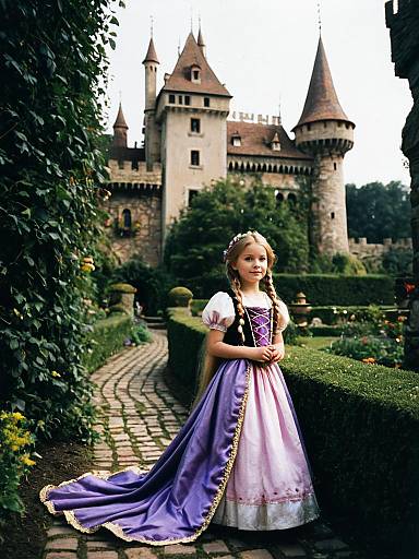 Child in Rapunzel Costume in Castle Garden