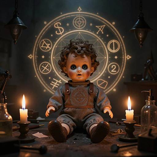 Photograph of a vintage porcelain doll with curly hair, seated on a dark table, surrounded by candles and occult symbols in a dimly lit room.