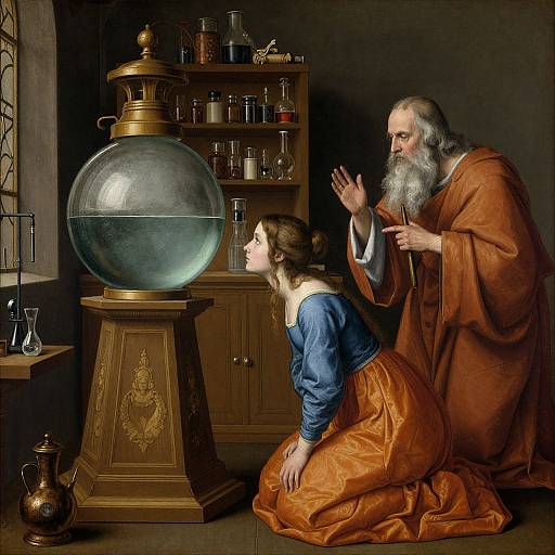 Baroque-style painting of an elderly bearded man in an orange robe and a young woman in blue and orange kneeling before a glass alchemical sphere in